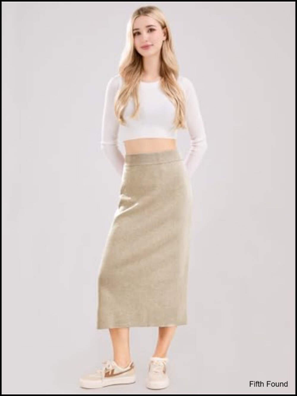 Wool Blend High Waist Rib Knit Pencil Skirt Side Slit Stretchy - Picture 2 of 6